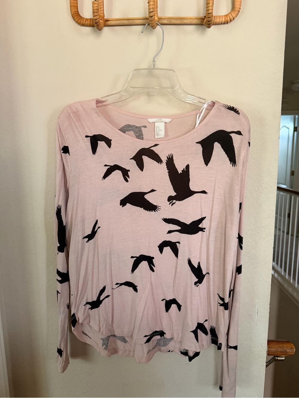 H&M Pale Pink Long Sleeve Top with Black Bird Print